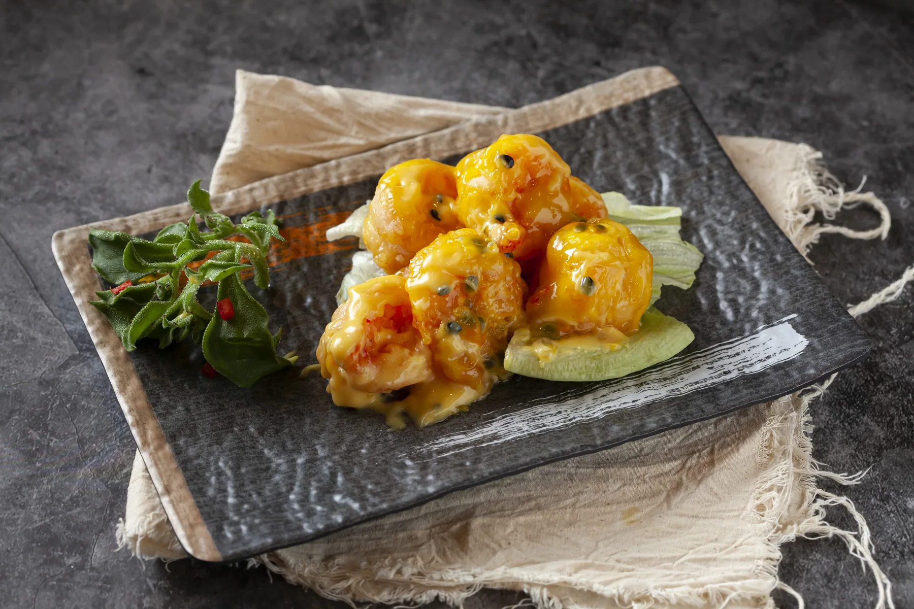 Crispy Fried Deshelled Prawns with Passion Fruit Sauce