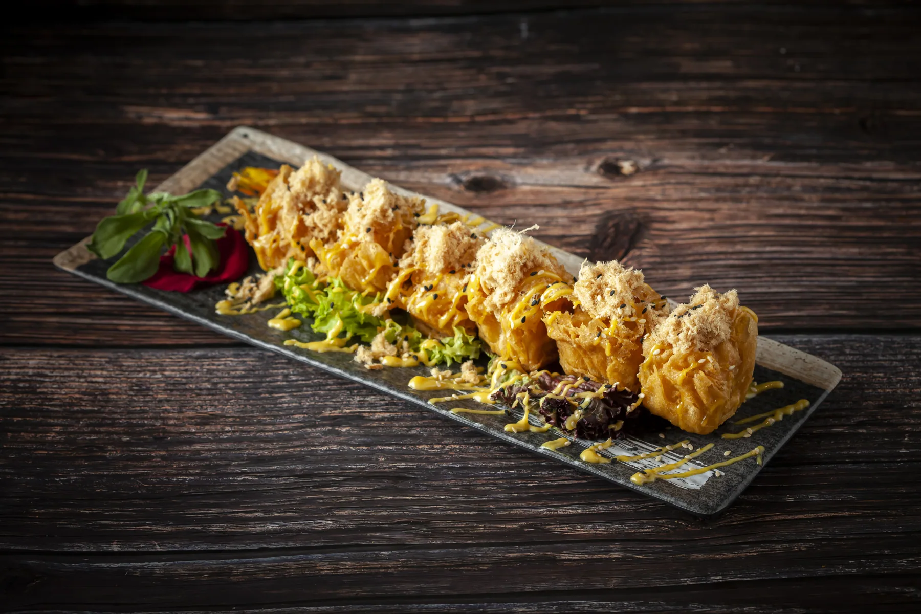 Fried Homemade Tofu with Salad Pork Floss